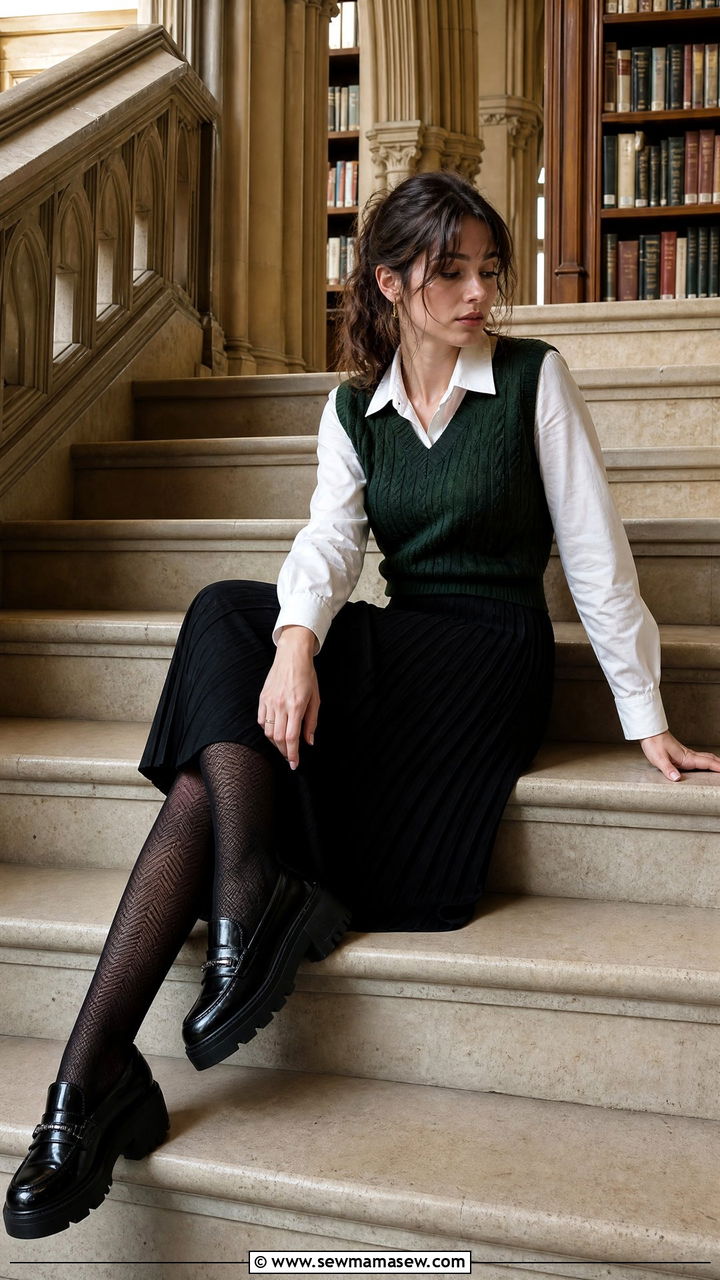 Forest green sweater vest with pleated midi skirt outfit - 25 classy dark academia outfit ideas