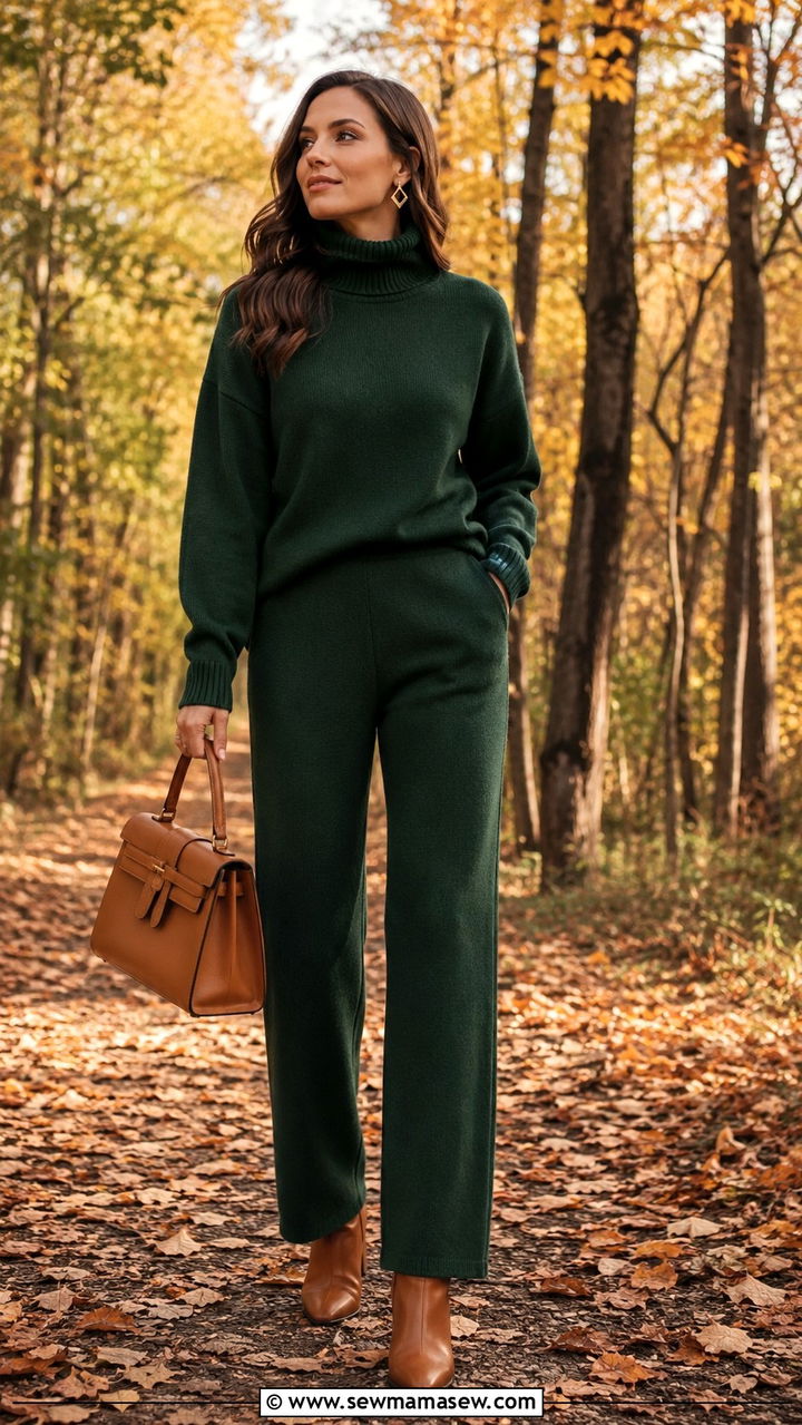 Forest green turtleneck sweater and knit pants - 30 Sweater and pants matching set outfit ideas