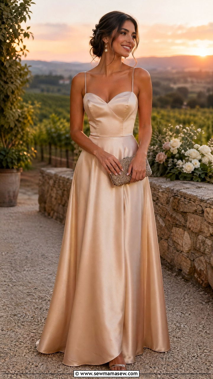 Formal Wedding Guest Champagne Satin A Line Gown - 35 Formal wedding guest outfit ideas