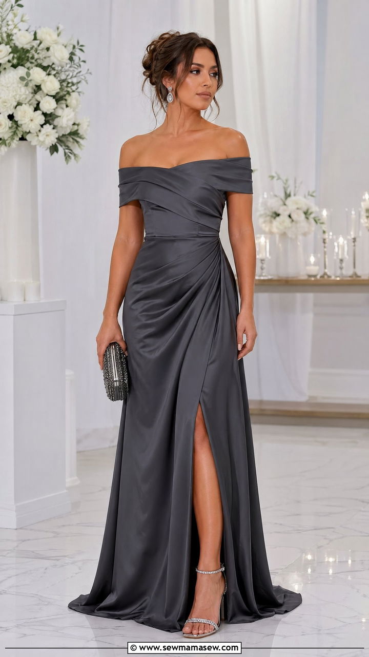 Formal Wedding Guest Charcoal Grey Off Shoulder Gown - 35 Formal wedding guest outfit ideas