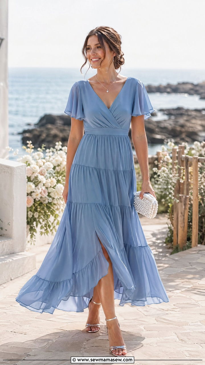 Formal Wedding Guest Dusty Blue Chiffon Maxi Dress - 35 Formal wedding guest outfit ideas
