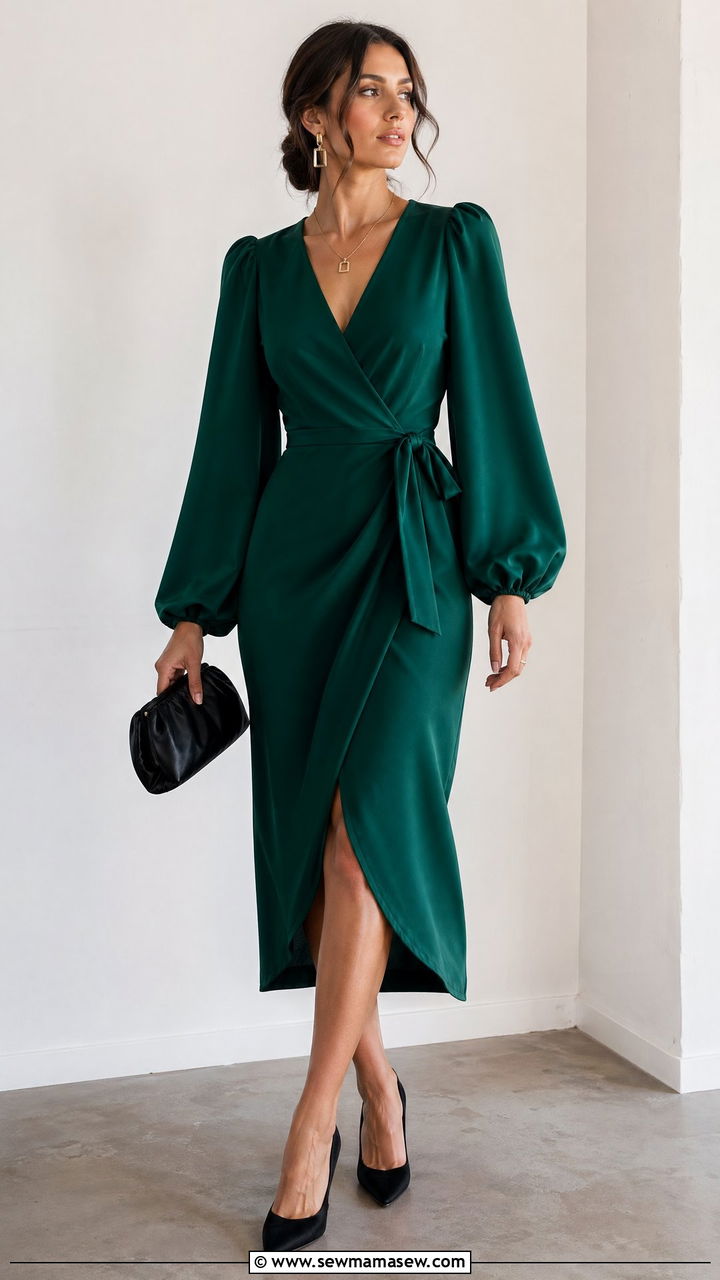 Formal Wedding Guest Emerald Green Puff Sleeve Wrap Dress - 35 Formal wedding guest outfit ideas