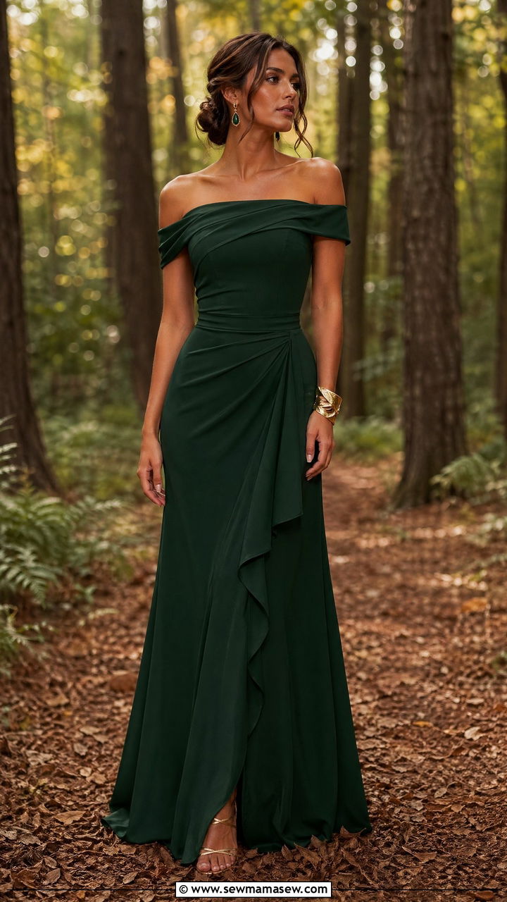 Formal Wedding Guest Forest Green Off Shoulder Crepe Gown - 35 Formal wedding guest outfit ideas