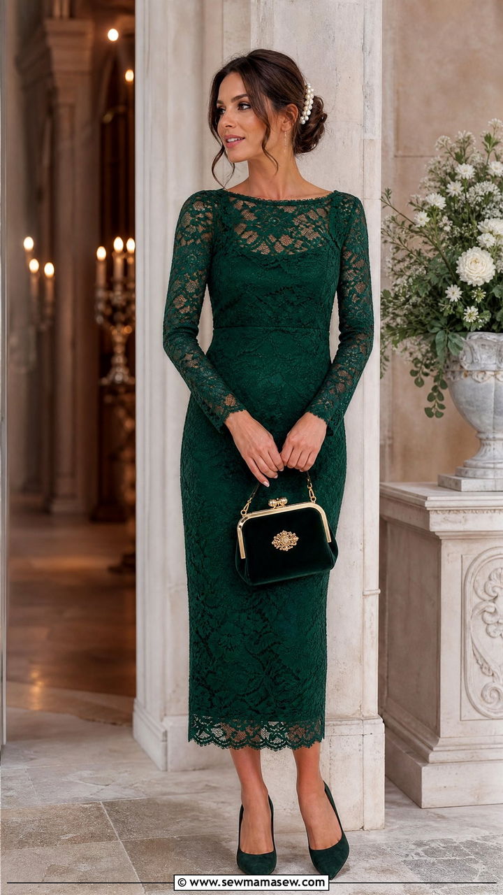 Formal Wedding Guest Long Sleeve Lace Sheath Dress - 35 Formal wedding guest outfit ideas