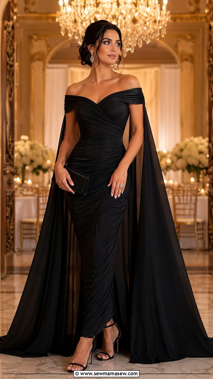 Formal Wedding Guest Off Shoulder Ruched Cape Dress - 35 Formal wedding guest outfit ideas