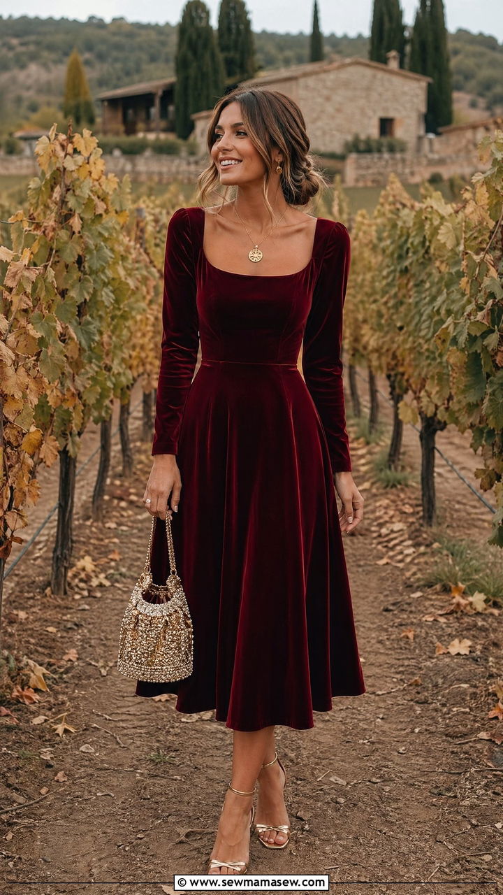 Formal Wedding Guest Velvet Fit And Flare Burgundy Dress - 35 Formal wedding guest outfit ideas