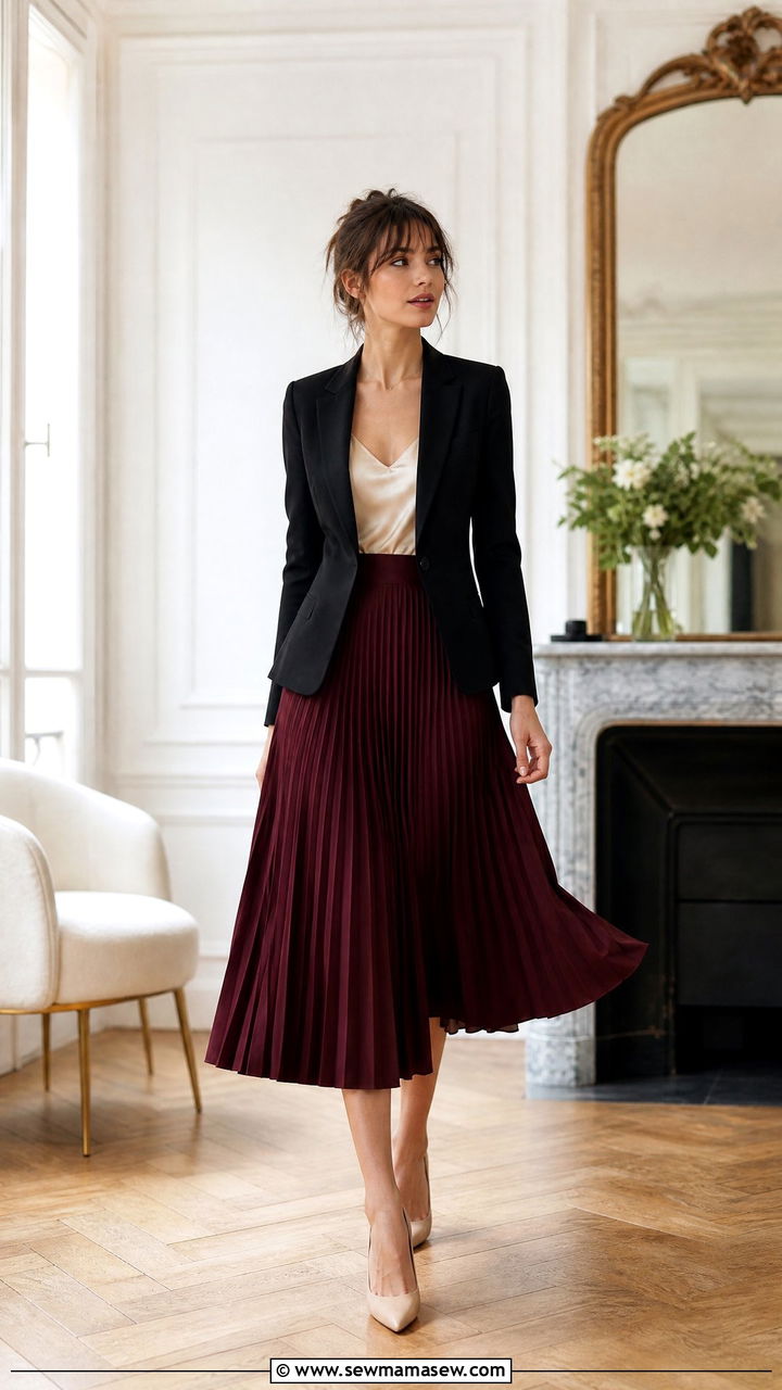 French Girl Blazer With Pleated Skirt and Pumps - 30 French girl outfits aesthetic