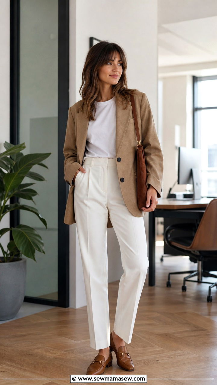 French Girl Camel Blazer And White Trousers Outfit - 40 French girl outfits