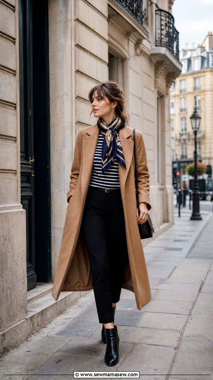French Girl Camel Coat With Breton Top and Cigarette Pants - 30 French girl outfits aesthetic