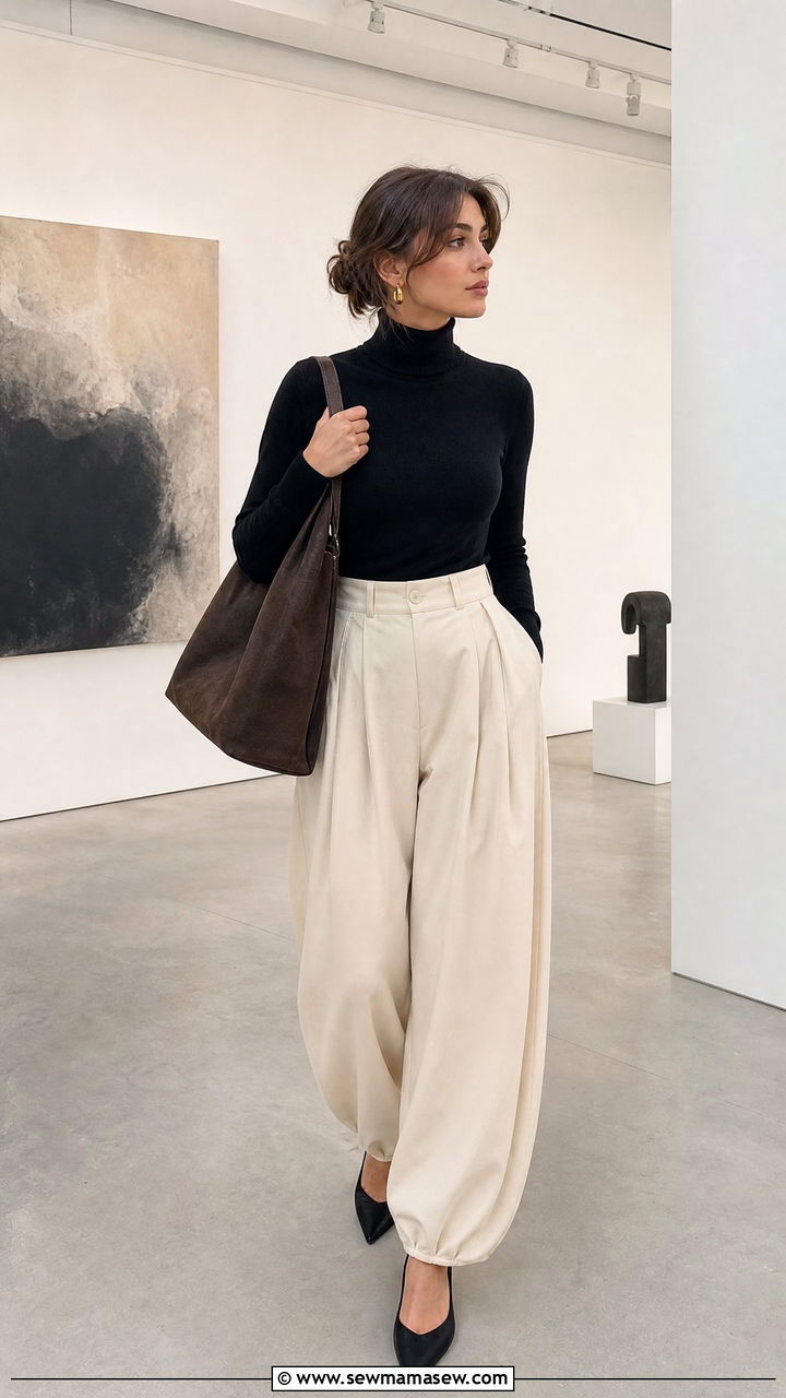 French Girl Cashmere Turtleneck With Balloon Pants and Suede Tote - 30 French girl outfits aesthetic