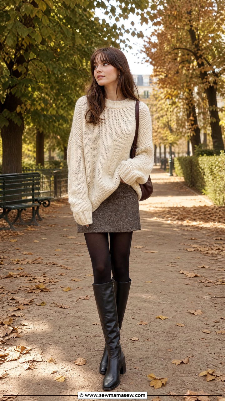 French Girl Chunky Knit with Mini Skirt - 25 French girl outfit ideas Jeanne Damas