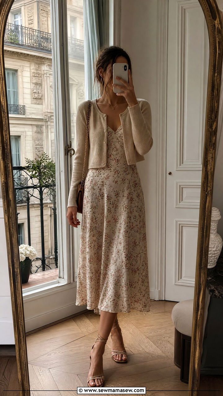 French Girl Cropped Cardigan with Midi Dress - 25 French girl outfit ideas Jeanne Damas