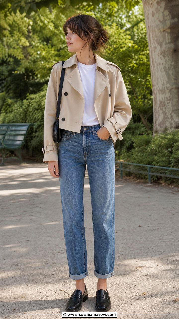 French Girl Cropped Trench Coat With Straight Leg Jeans and Loafers - 30 French girl outfits aesthetic