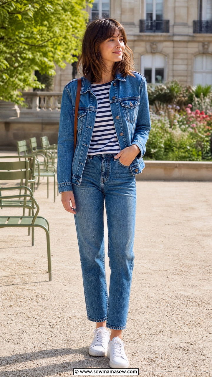 French Girl Denim Jacket With Striped Tee and Straight Jeans - 30 French girl outfits aesthetic