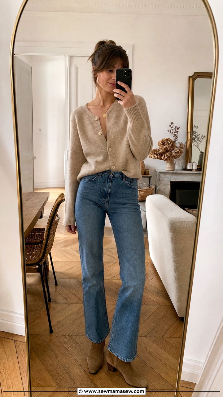 French Girl Knit Cardigan with Jeans - 25 French girl outfit ideas Jeanne Damas