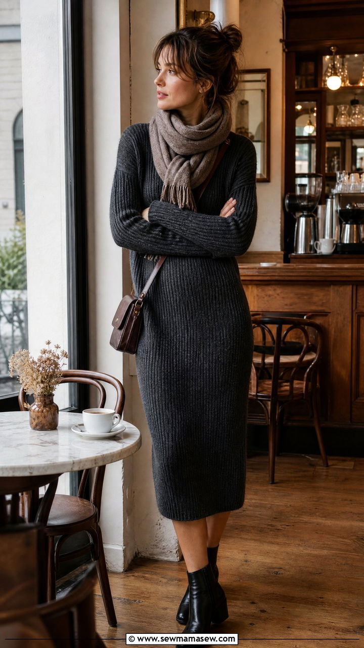French Girl Knit Dress With Ankle Boots and Scarf - 30 French girl outfits aesthetic