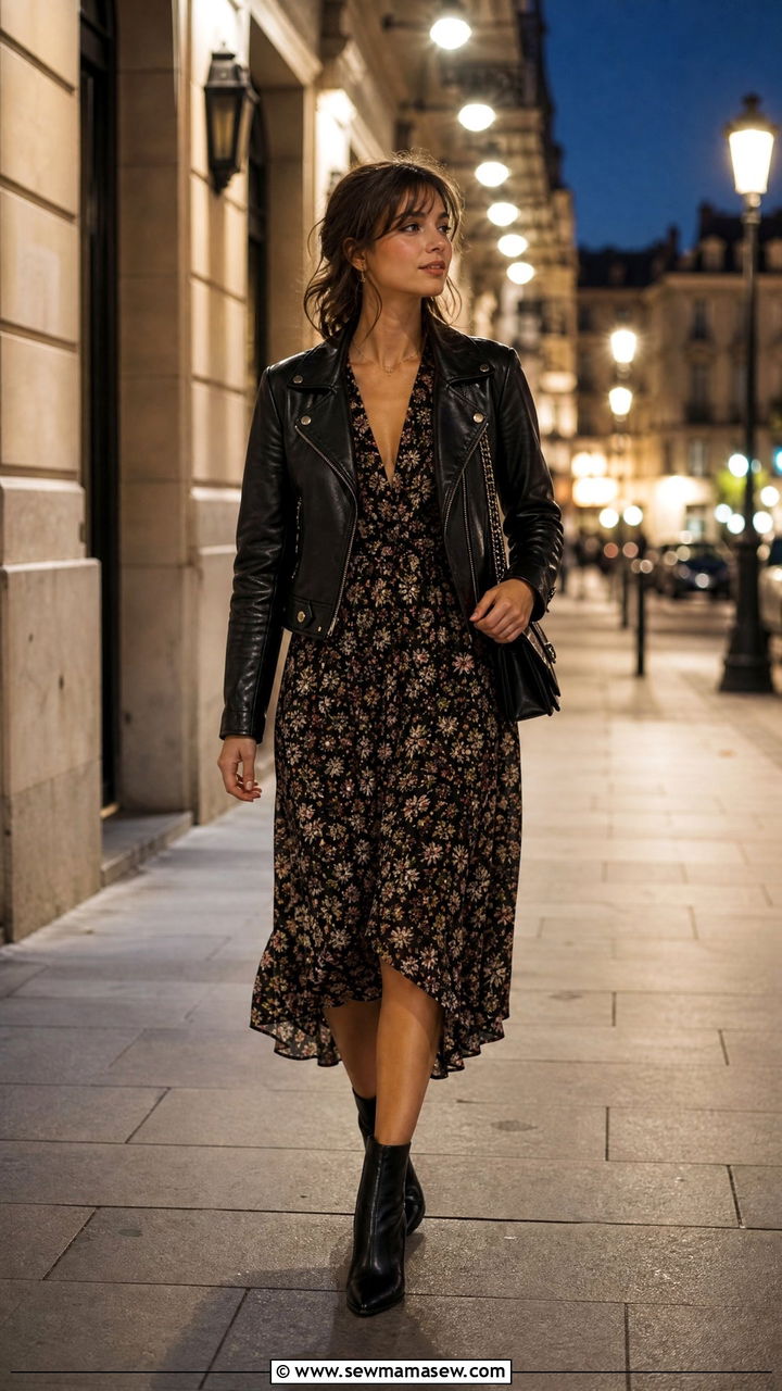 French Girl Leather Jacket with Floral Dress - 25 French girl outfit ideas Jeanne Damas