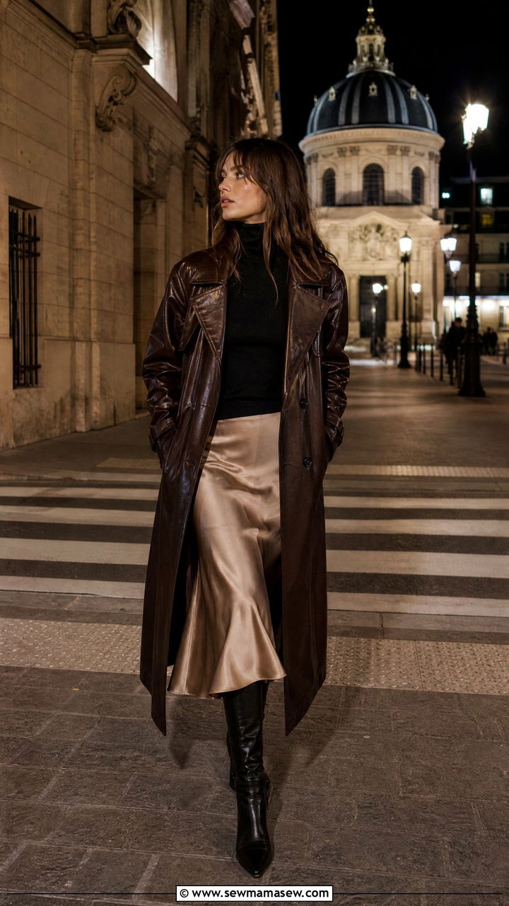 French Girl Leather Trench Coat With Turtleneck and Midi Skirt - 30 French girl outfits aesthetic