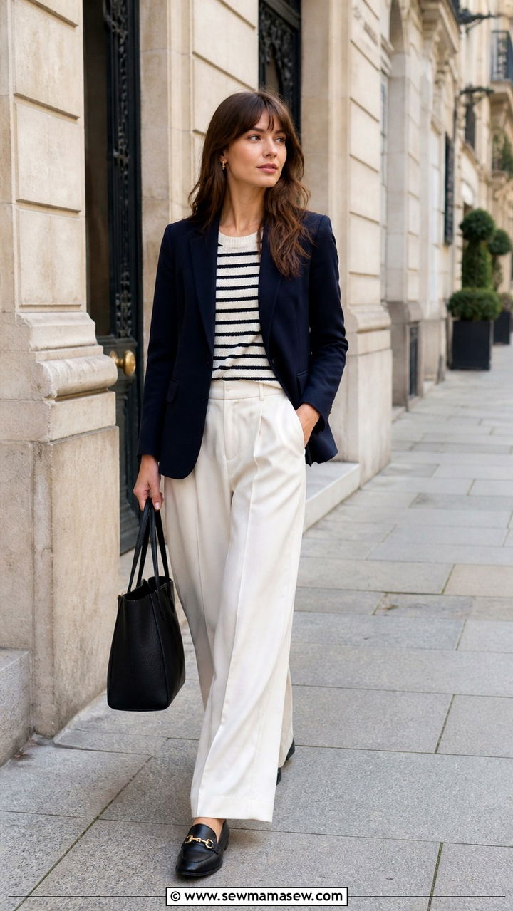 French Girl Navy Blazer And Cream Wide Leg Trousers Outfit - 40 French girl outfits
