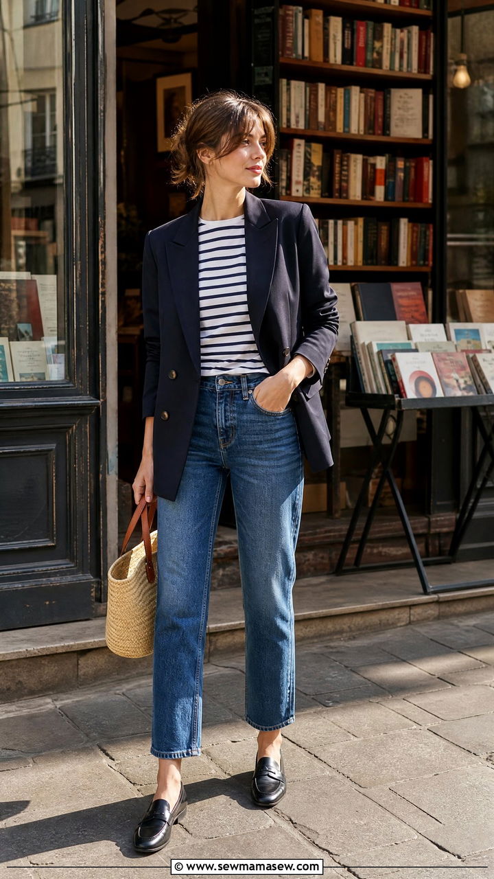 French Girl Navy Blazer with Striped Shirt - 25 French girl outfit ideas Jeanne Damas