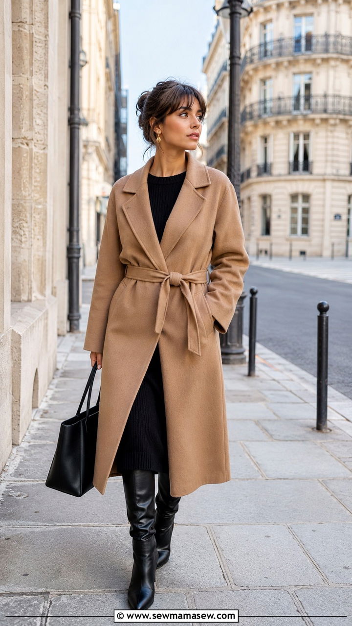 French Girl Outfit With Camel Wrap Coat Over Midi Dress - 30 classy french girl outfit ideas