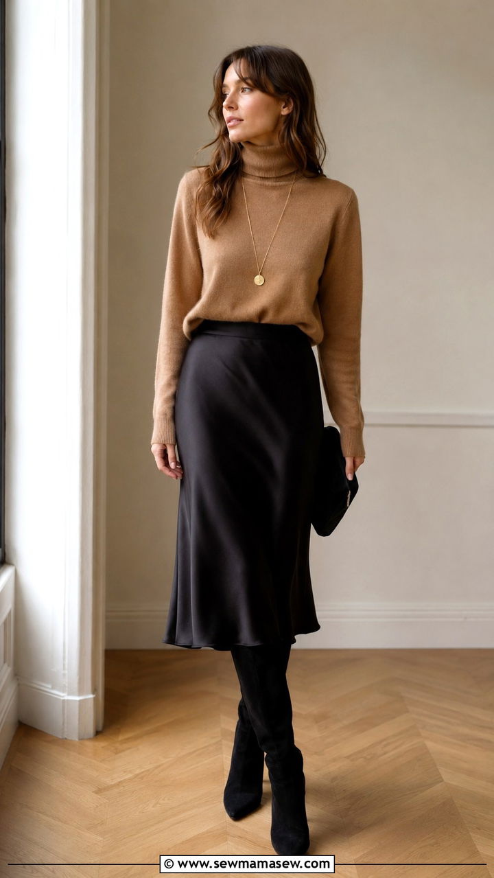 French Girl Outfit With Cashmere Turtleneck And Midi Skirt - 30 classy french girl outfit ideas
