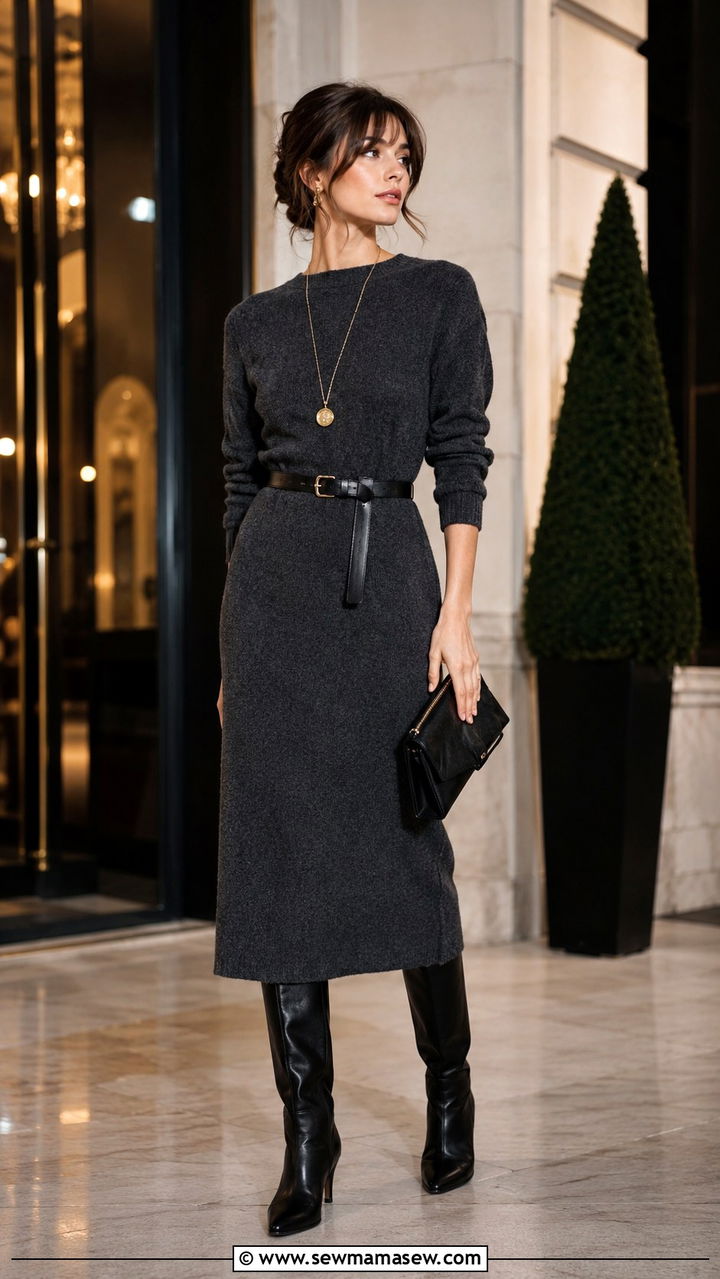 French Girl Outfit With Knit Dress And Knee High Boots - 30 classy french girl outfit ideas