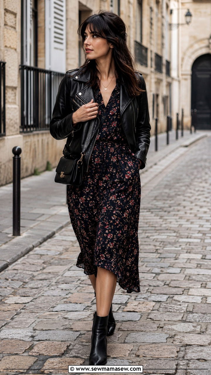 French Girl Outfit With Leather Jacket And Floral Midi Dress - 30 classy french girl outfit ideas