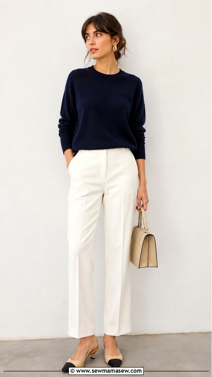 French Girl Outfit With Navy Cashmere Sweater And White Trousers - 30 classy french girl outfit ideas