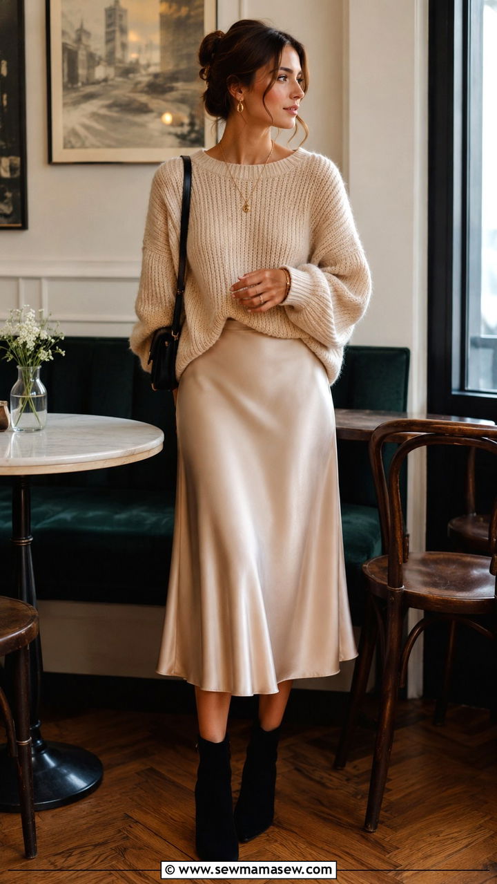 French Girl Outfit With Oversized Knit And Satin Midi Skirt - 30 classy french girl outfit ideas