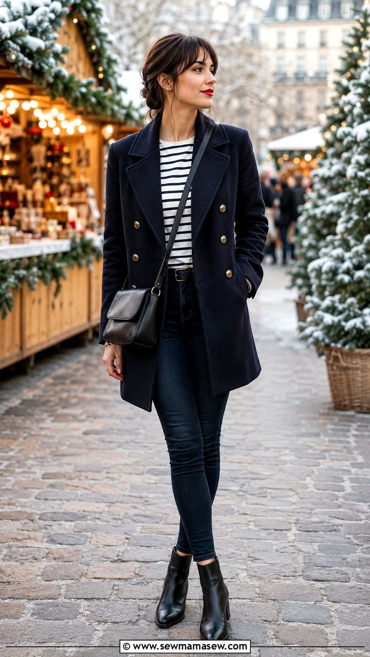 French Girl Outfit With Peacoat And Breton Stripe Top - 30 classy french girl outfit ideas