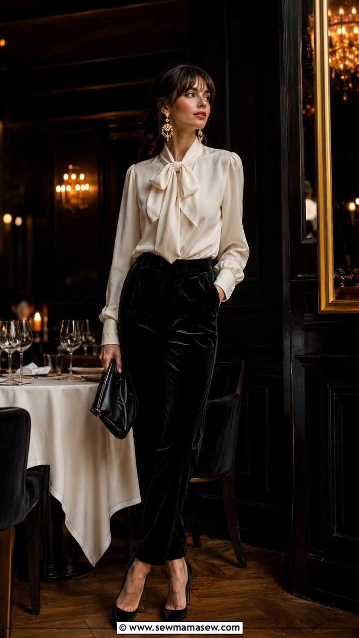 French Girl Outfit With Silk Blouse And Velvet Pants - 30 classy french girl outfit ideas