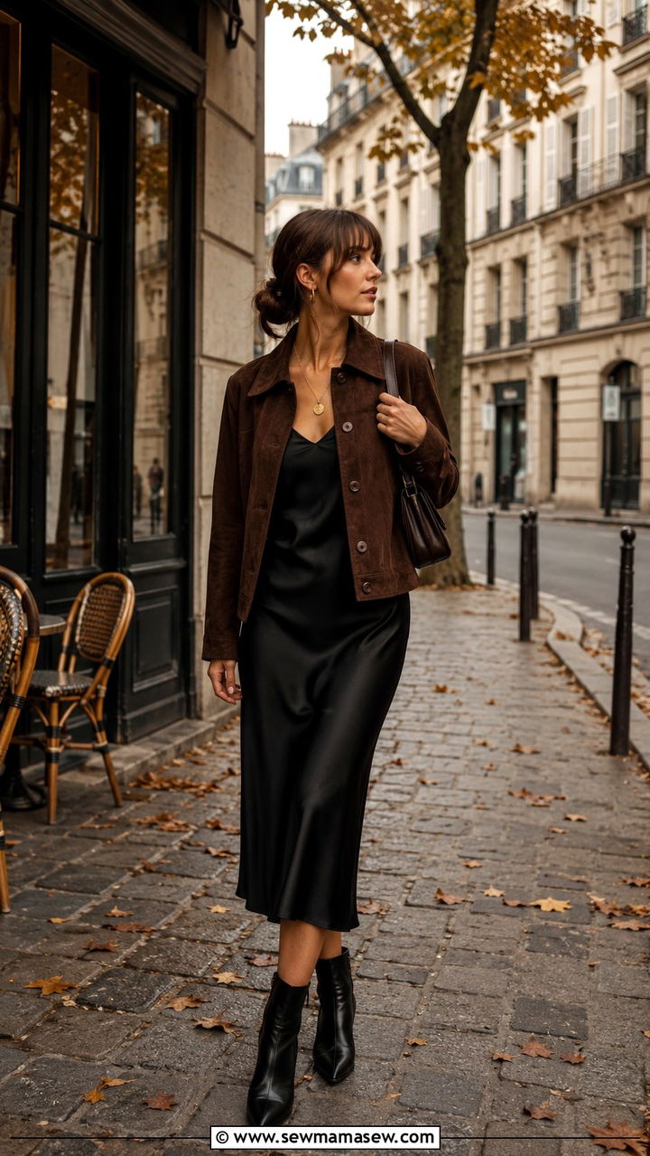 French Girl Outfit With Suede Jacket And Slip Dress - 30 classy french girl outfit ideas