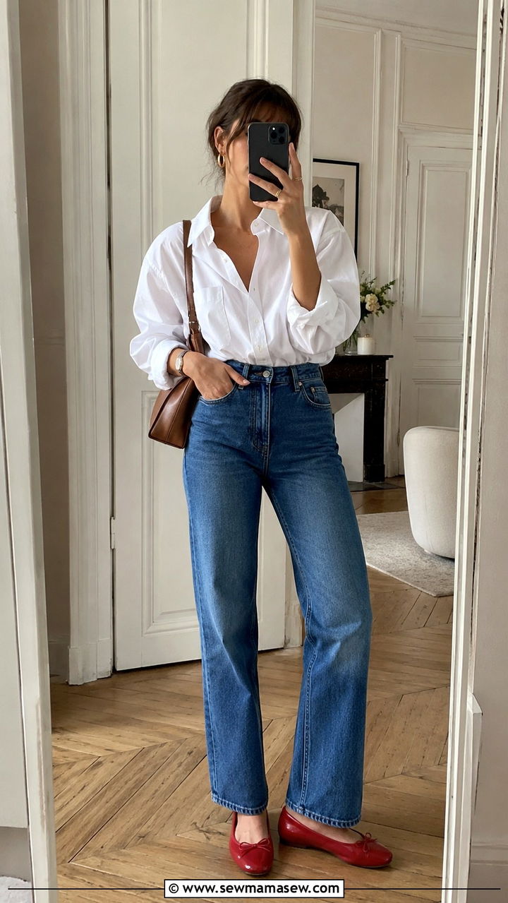 French Girl Outfit With White Button Down And High Waist Jeans - 30 classy french girl outfit ideas