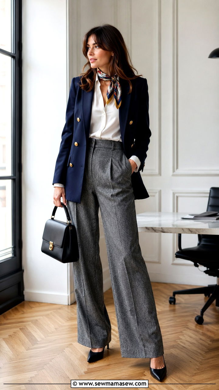 French Girl Outfit With Wool Blazer And Silk Scarf - 30 classy french girl outfit ideas