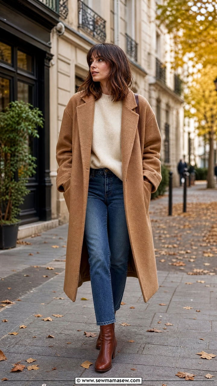 French Girl Oversized Coat with Sweater and Jeans - 25 French girl outfit ideas Jeanne Damas