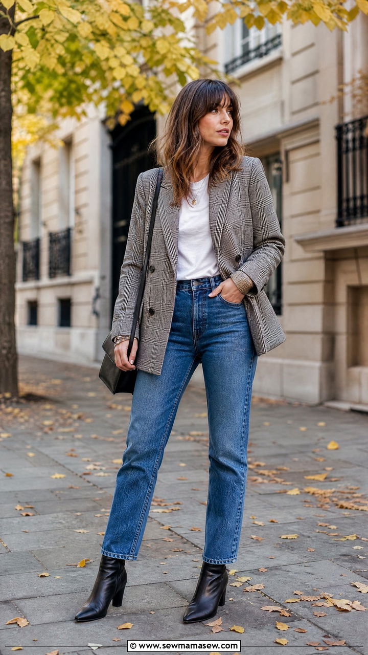 French Girl Plaid Blazer with Jeans Outfit - 25 French girl outfit ideas Jeanne Damas