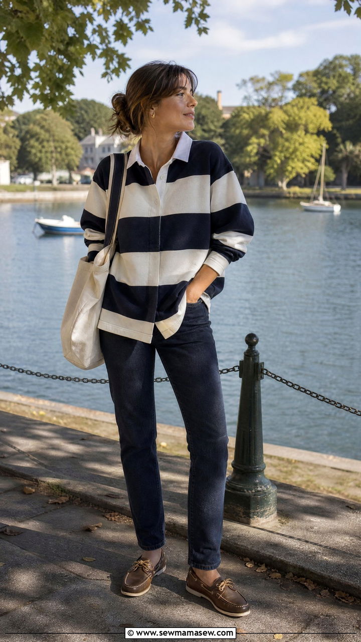French Girl Rugby Shirt With Jeans and Boat Shoes - 30 French girl outfits aesthetic