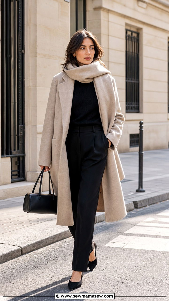French Girl Scarf Coat And Black Trousers Outfit - 40 French girl outfits
