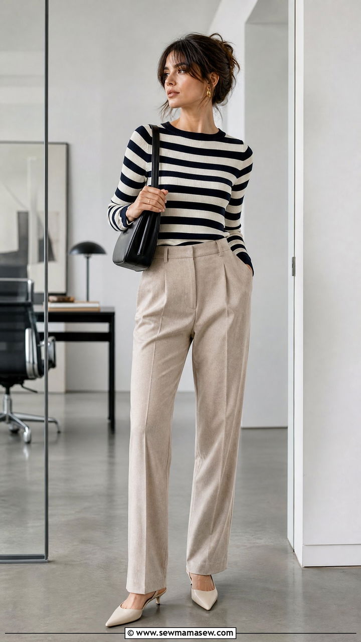 French Girl Striped Knit With Tailored Trousers and Kitten Heels - 30 French girl outfits aesthetic