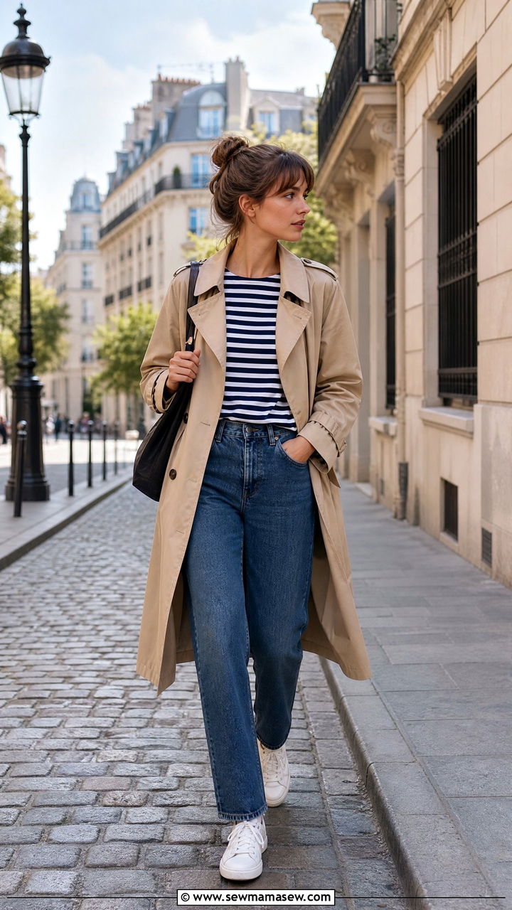 French Girl Trench Coat With Striped Shirt and Jeans - 30 French girl outfits aesthetic