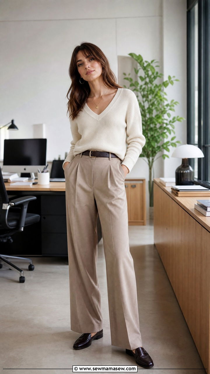 French Girl V Neck Sweater with Trousers - 25 French girl outfit ideas Jeanne Damas