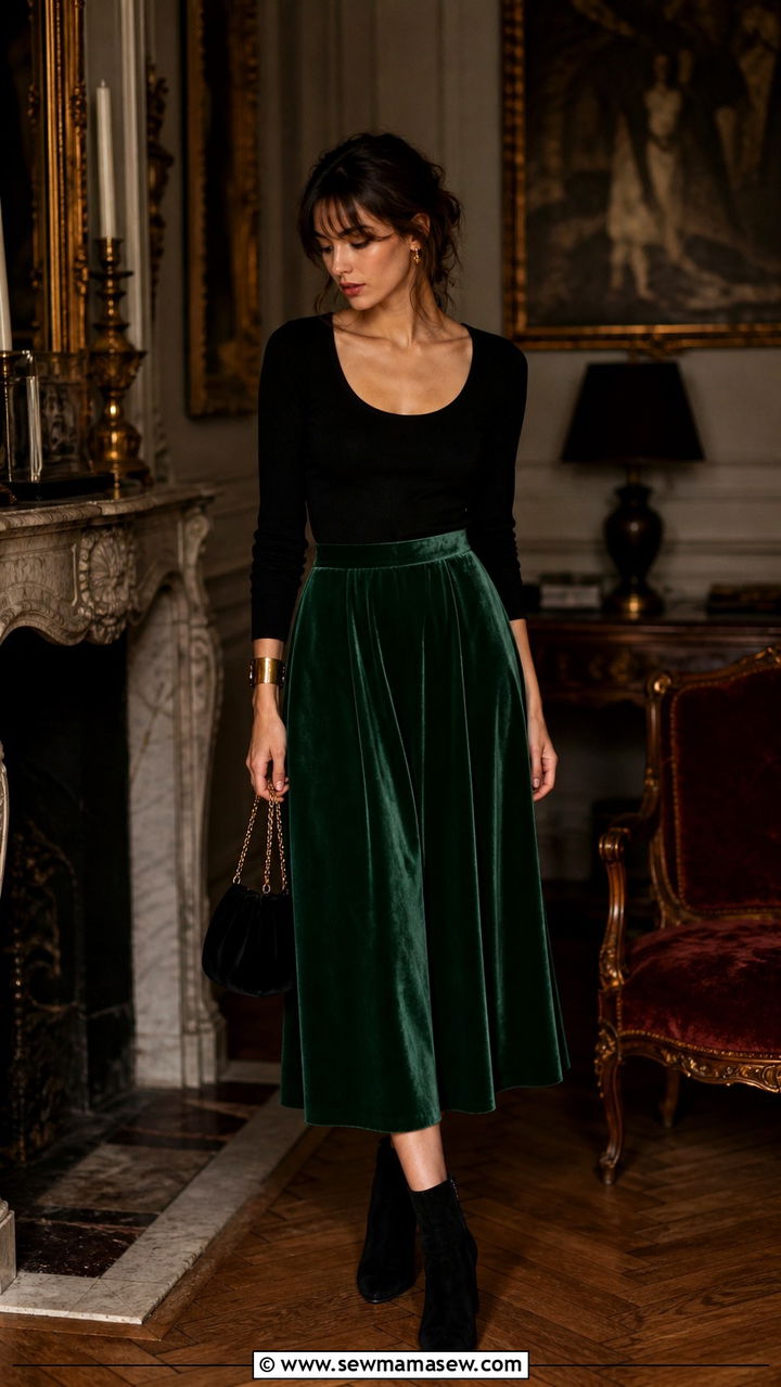 French Girl Velvet Skirt And Fitted Knit Top Outfit - 40 French girl outfits
