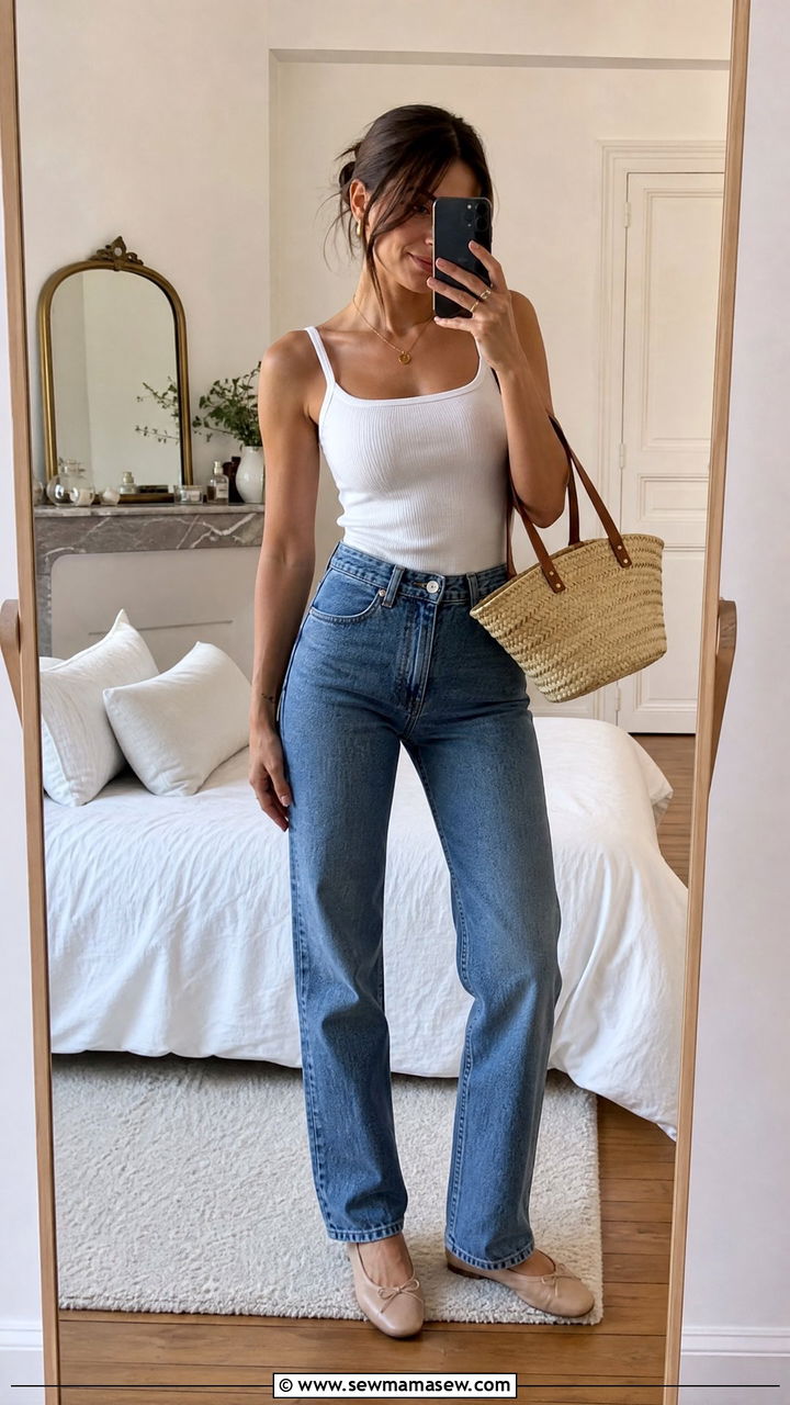 French Girl Vest Top With Straight Leg Jeans and Ballet Flats - 30 French girl outfits aesthetic