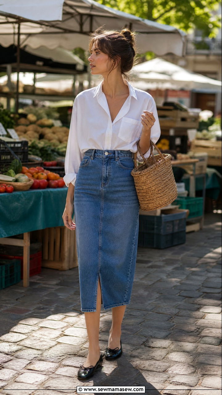 French Girl White Button Down With Denim Skirt and Ballet Flats - 30 French girl outfits aesthetic