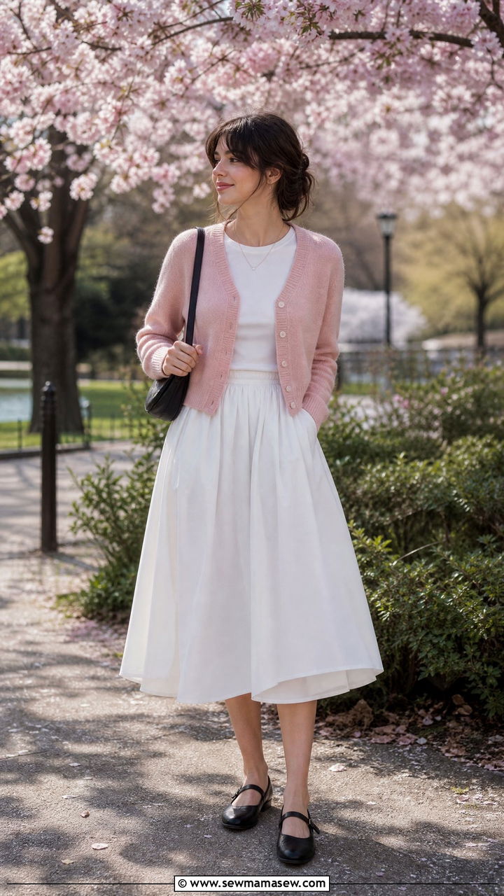 French Girl White Tee With Cardigan and White Midi Skirt - 30 French girl outfits aesthetic