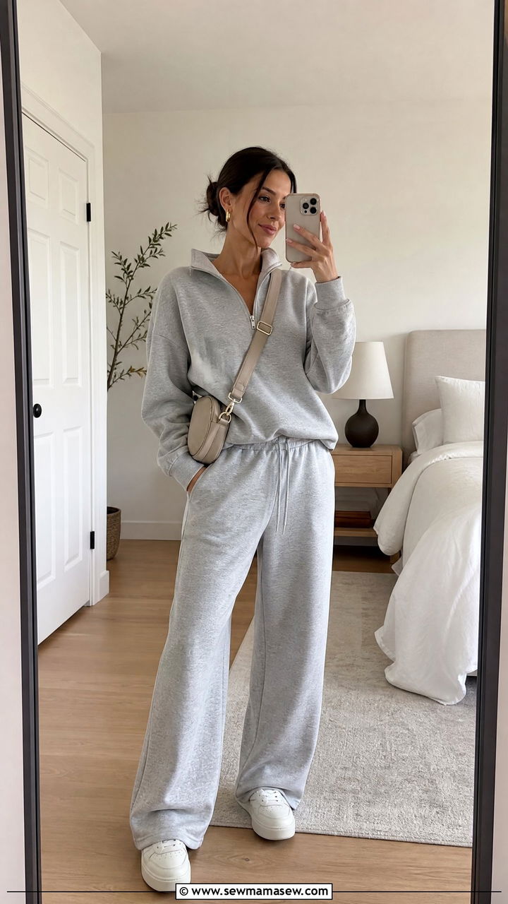 French terry sweatsuit with minimalist platform sneakers - 20 4th trimester outfit ideas