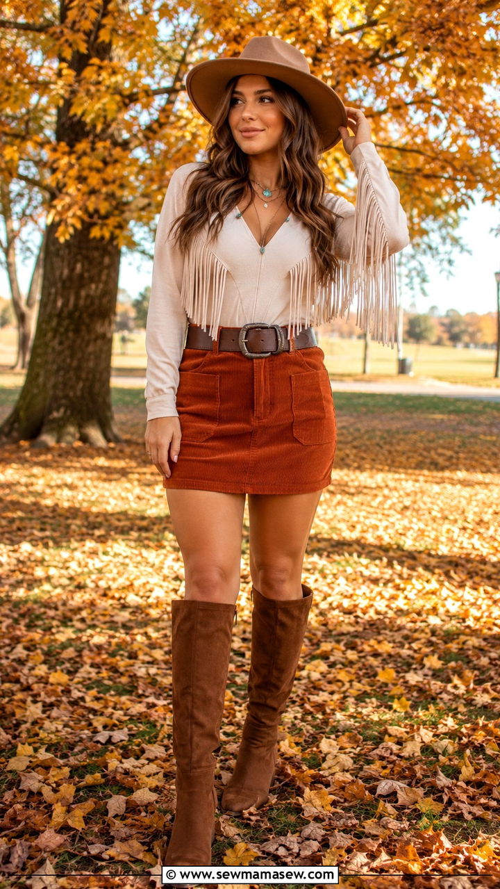 Fringe Bodysuit with Corduroy Skirt Outfit - 30 chic country concert outfits for women