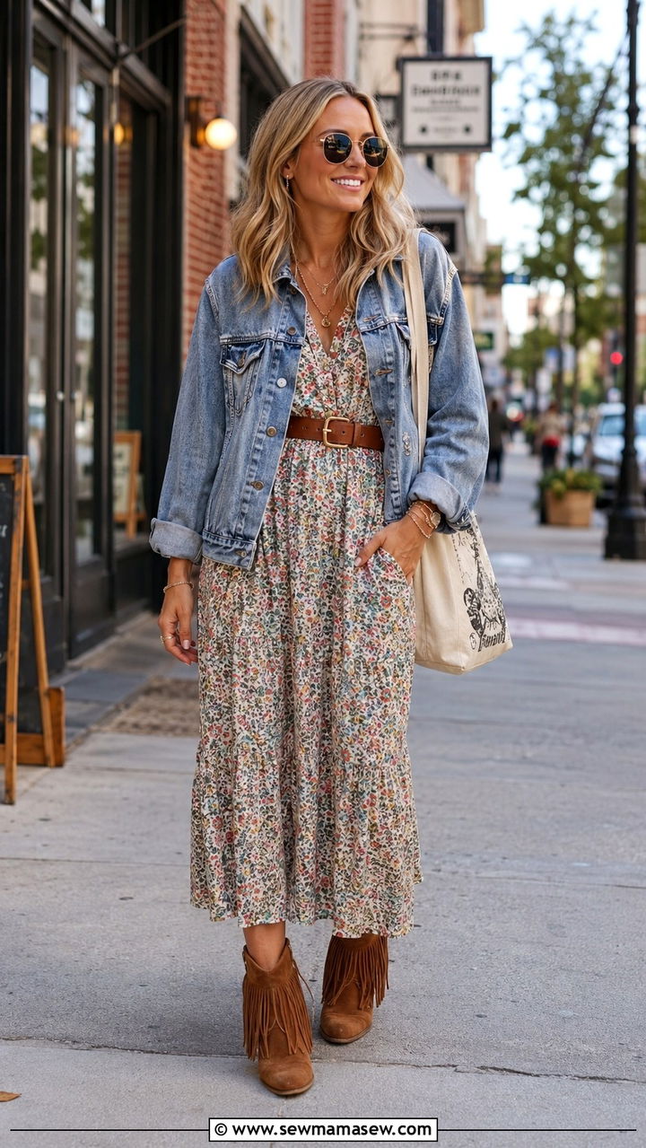 Fringe Boots With Midi Dress And Denim Jacket - 25 Western outfit ideas with fringe