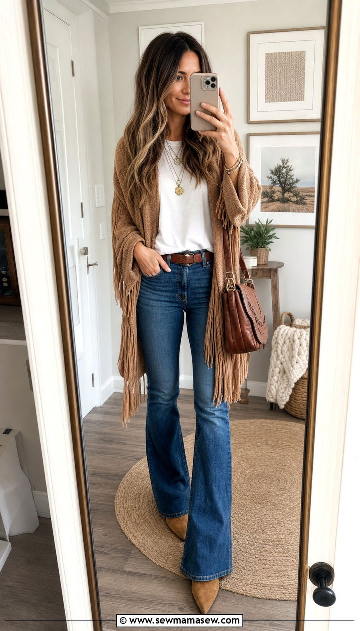 Fringe Cardigan With Basic Tee And Jeans - 35 casual boho chic outfits